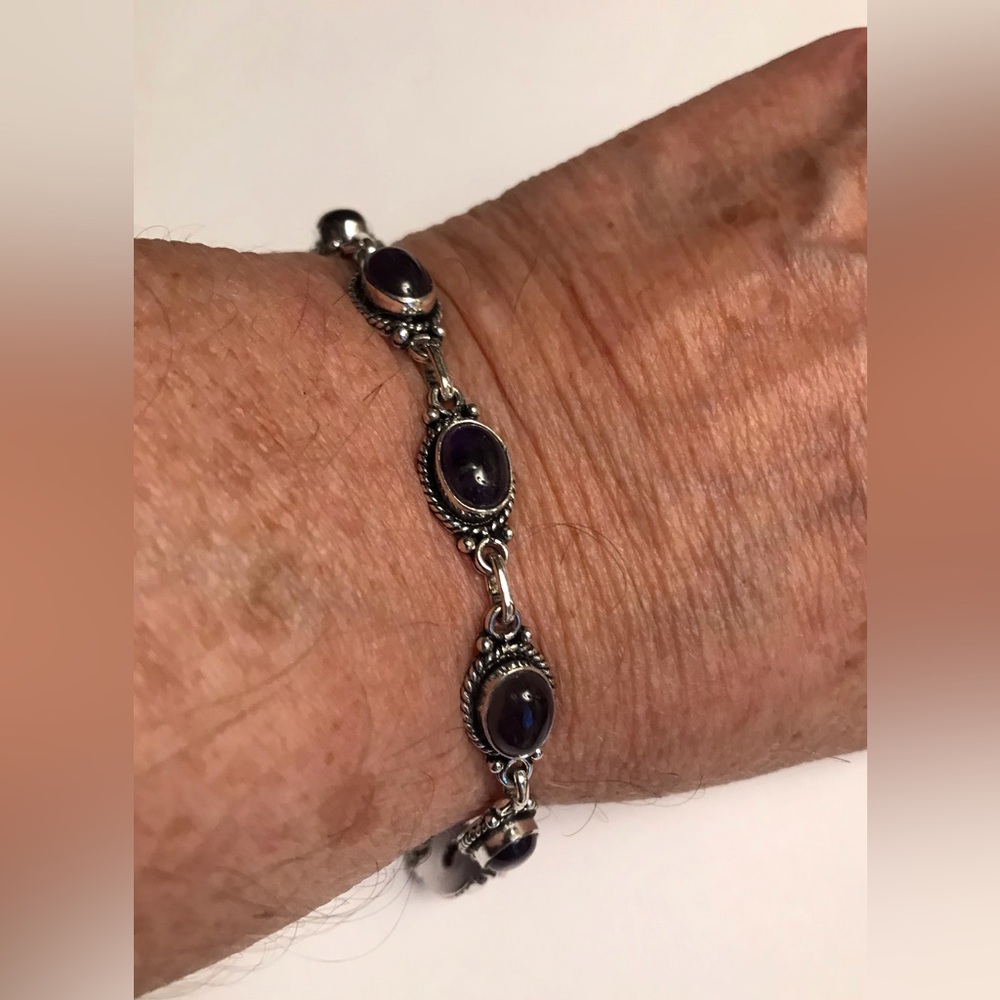 Amethyst Stamped 925 Sterling Silver Bracelet